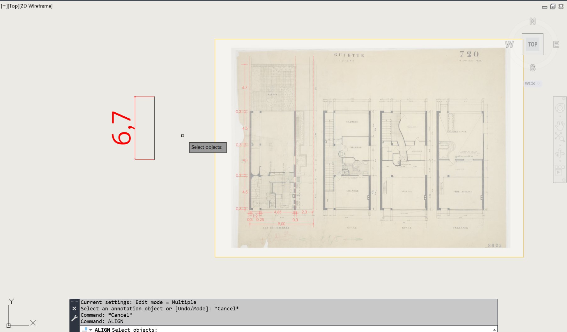 La lámina de la Guiette insertada en AutoCAD, con sus cotas a mano
                repasadas en rojo —6,7 · 4,5 · 0,3 · 4,65 · 2,3 · 9,00—. A la
                izquierda, un rectángulo rojo de 6,7 dibujado como referencia. Abajo,
                la línea de órdenes con ALIGN pidiendo que se seleccionen objetos.