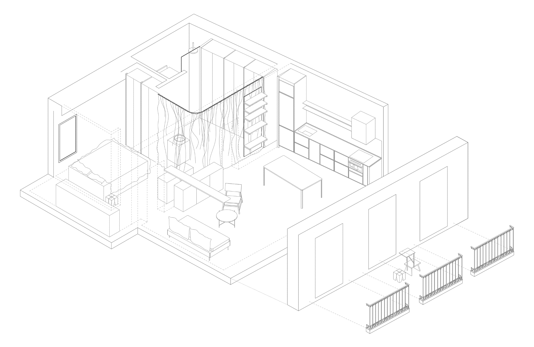Axonometría explotada de una vivienda. El dibujo se construye por
                partes: primero el trazo de AutoCAD, después el sombreado que marca
                dónde da la luz, después el collage con los materiales y las plantas
                de día, y por último la misma casa de noche, con las ventanas
                encendidas.
