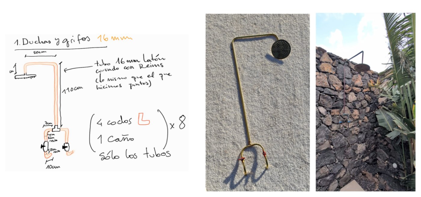 Croquis a mano de una ducha exterior de latón de 16 mm, con las medidas
                apuntadas encima —50 cm de brazo, 110 cm de altura, 10 cm de base— y el
                despiece de codos y caños. Al lado, dos fotos de la ducha ya fabricada y
                montada contra un muro de piedra.
