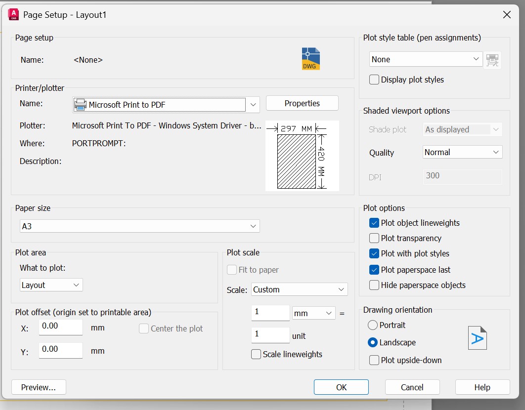 El cuadro Page Setup de AutoCAD: impresora Microsoft Print to PDF,
                tamaño de hoja A3 —la miniatura marca 297 por 420 milímetros—, área
                de impresión Layout, escala 1 mm = 1 unidad y orientación
                horizontal.