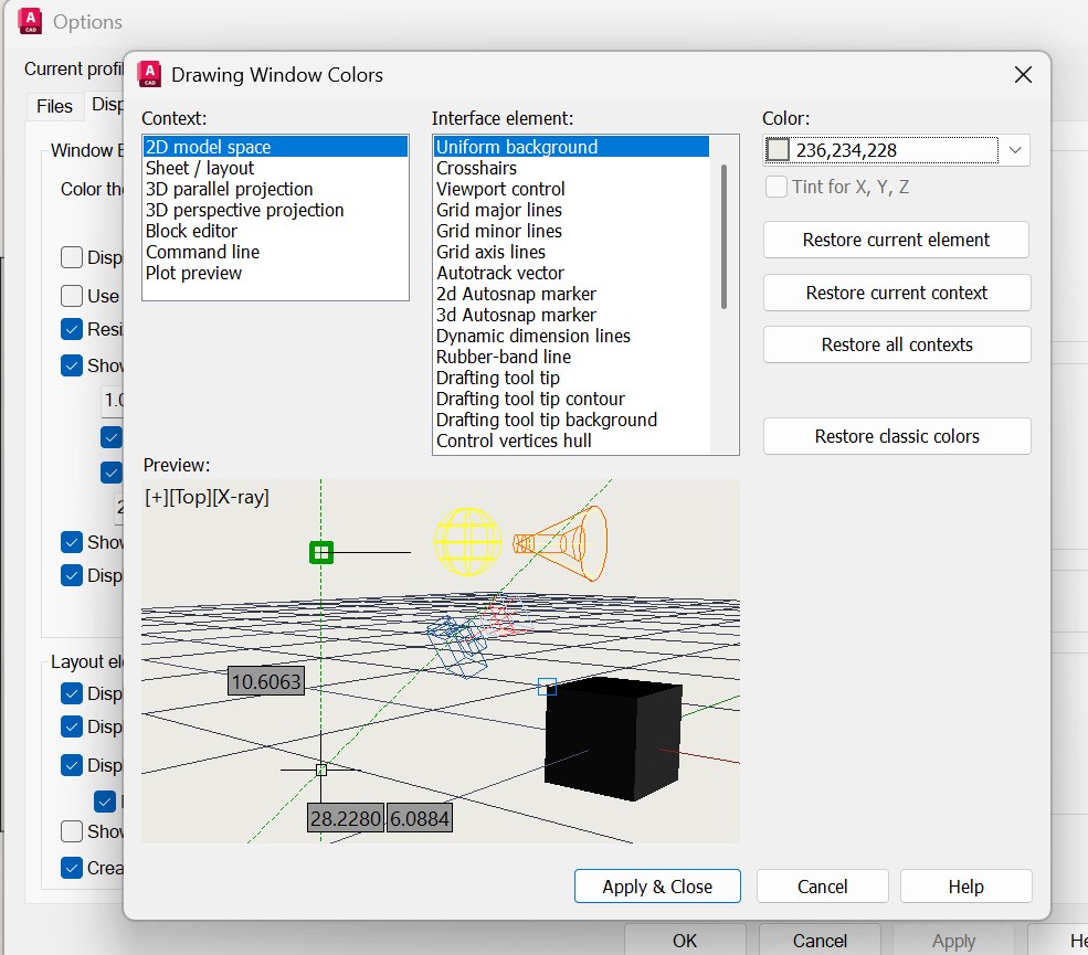 El cuadro Drawing Window Colors de AutoCAD, abierto sobre el de
                Opciones: a la izquierda el contexto 2D model space, en el centro el
                elemento Uniform background, a la derecha el color 236,234,228, y
                debajo la previsualización con el fondo ya claro.