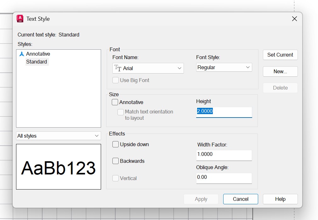 El cuadro de diálogo Text Style de AutoCAD: la lista de estilos a la
                izquierda, la tipografía Arial arriba, el apartado Size con la casilla
                Annotative sin marcar y la altura en 2,0000, y abajo los efectos y la
                muestra AaBb123.