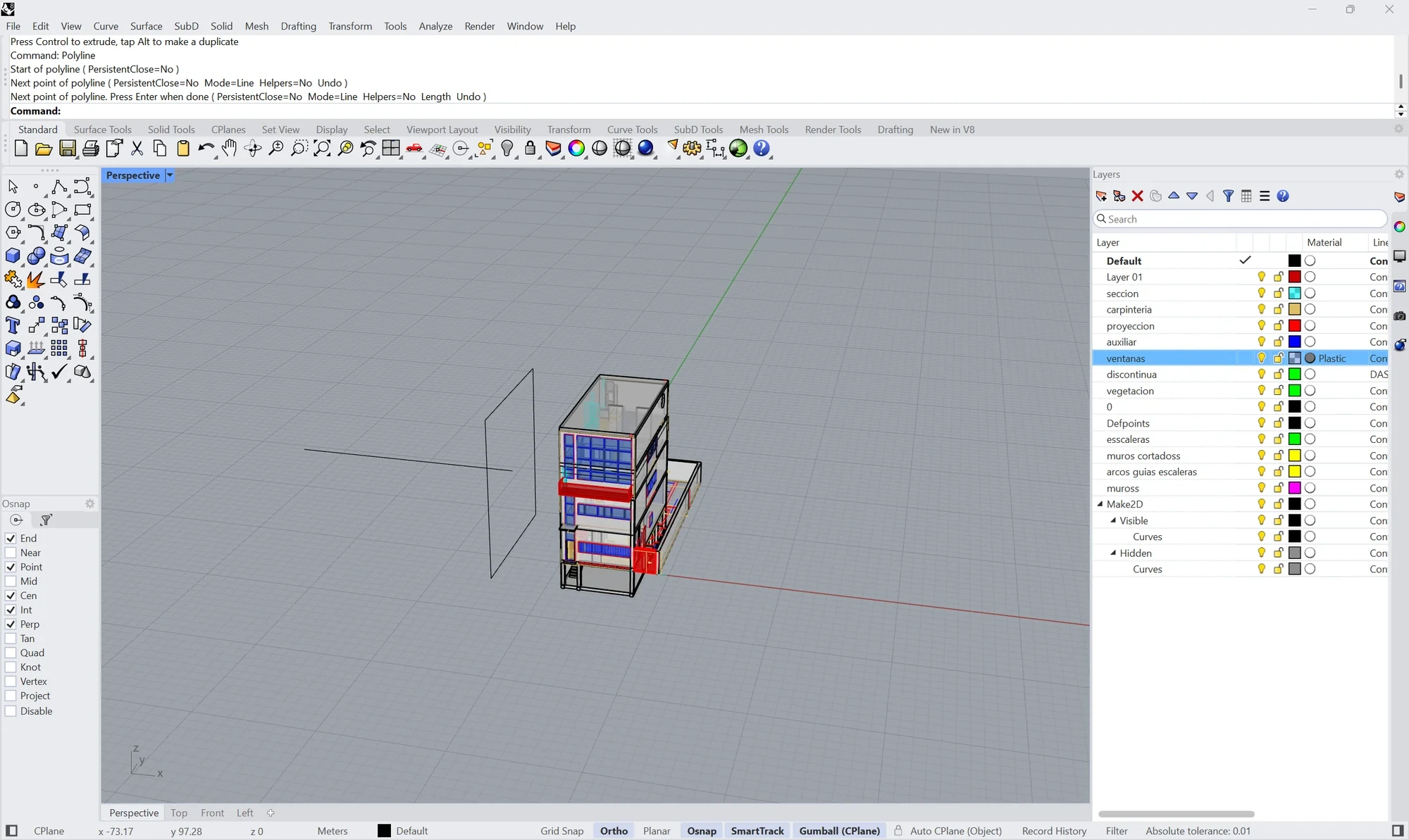 Rhino en perspectiva: la casa y, delante, un rectángulo
                  vertical y una línea horizontal que sale de él. En la línea
                  de órdenes, «Command: Polyline».