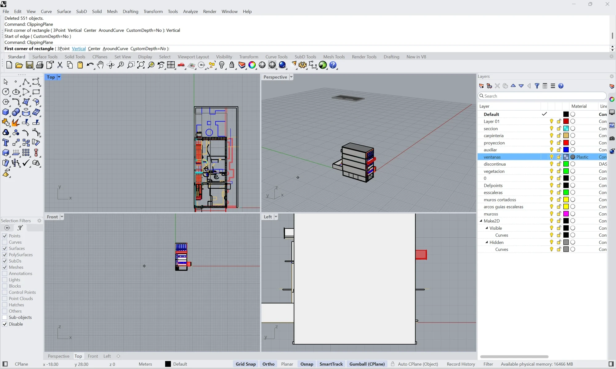 Las cuatro vistas de Rhino: Top con la planta de la casa,
                Perspective, Front y Left. En la línea de órdenes, «First
                corner of rectangle ( 3Point Vertical Center AroundCurve
                CustomDepth=No ): Vertical».