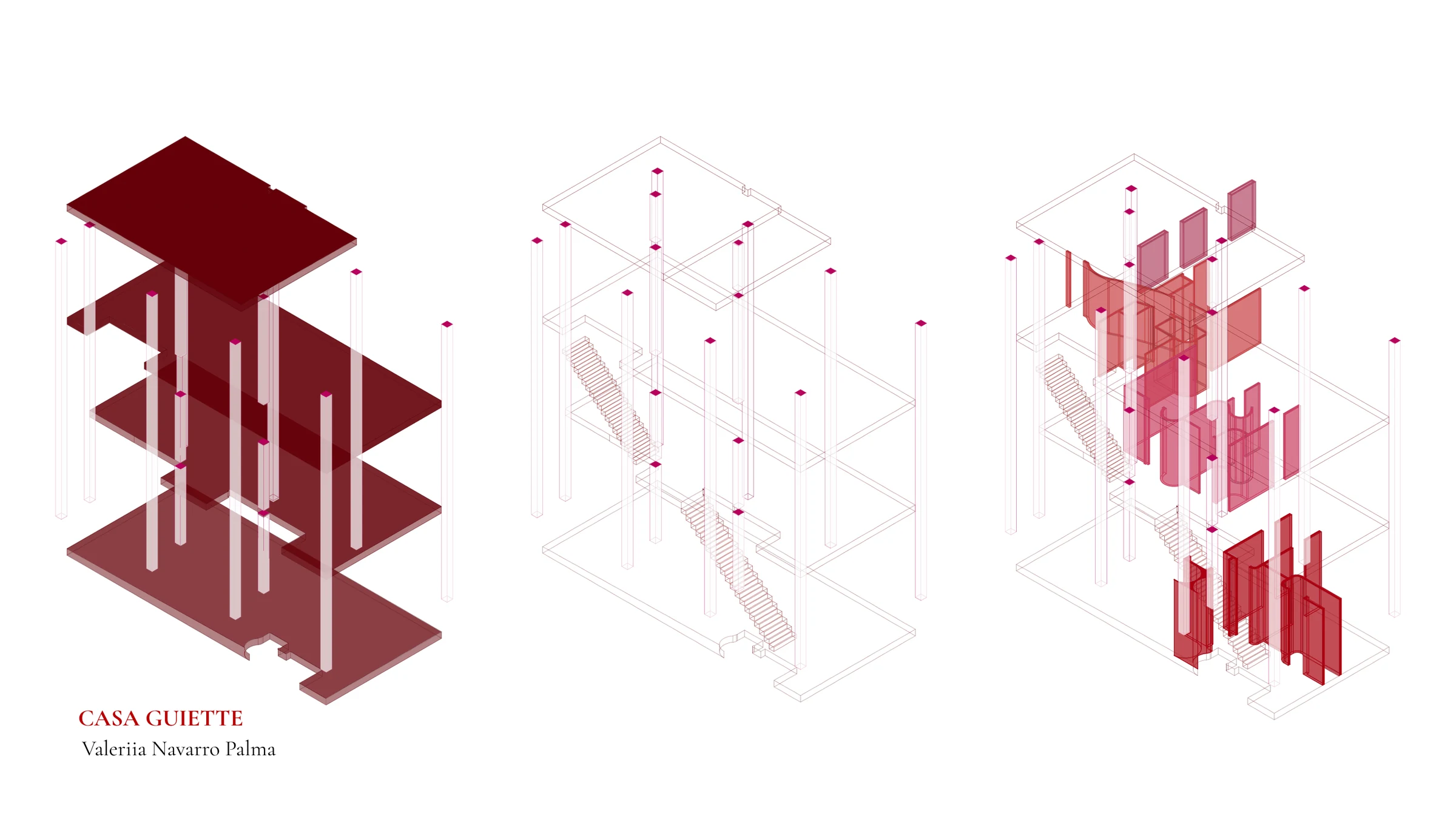 Tercera lámina: tres isométricas de la casa en fila desde el
                mismo punto de vista. La primera, los forjados en granate con
                los pilares; la segunda, toda a línea, con las escaleras; la
                tercera, con los tabiques en rojo transparente planta por
                planta.