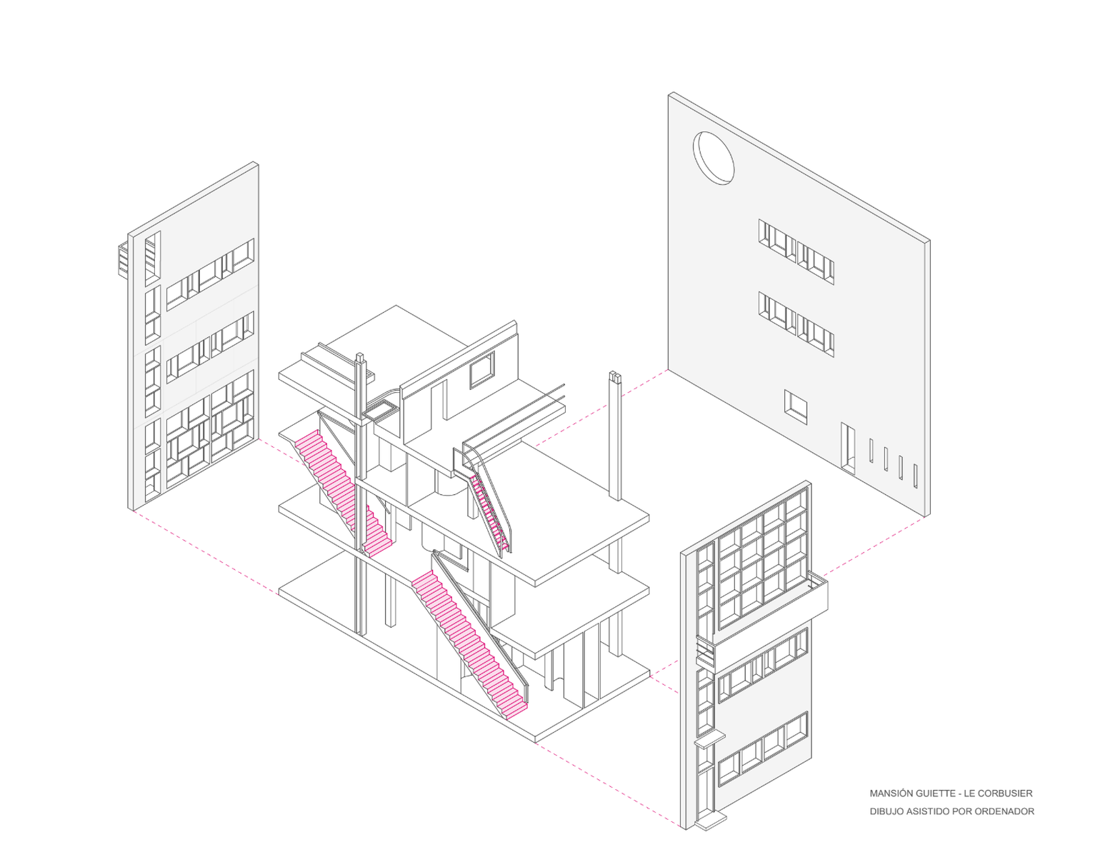Axonometría a línea de la casa con las cuatro fachadas separadas y colgadas alrededor del volumen, unidas por líneas discontinuas rosas. En el centro, el volumen de la casa, con los forjados, los pilares y las escaleras en rosa. Abajo a la derecha, el rótulo «Mansión Guiette – Le Corbusier. Dibujo asistido por ordenador».
