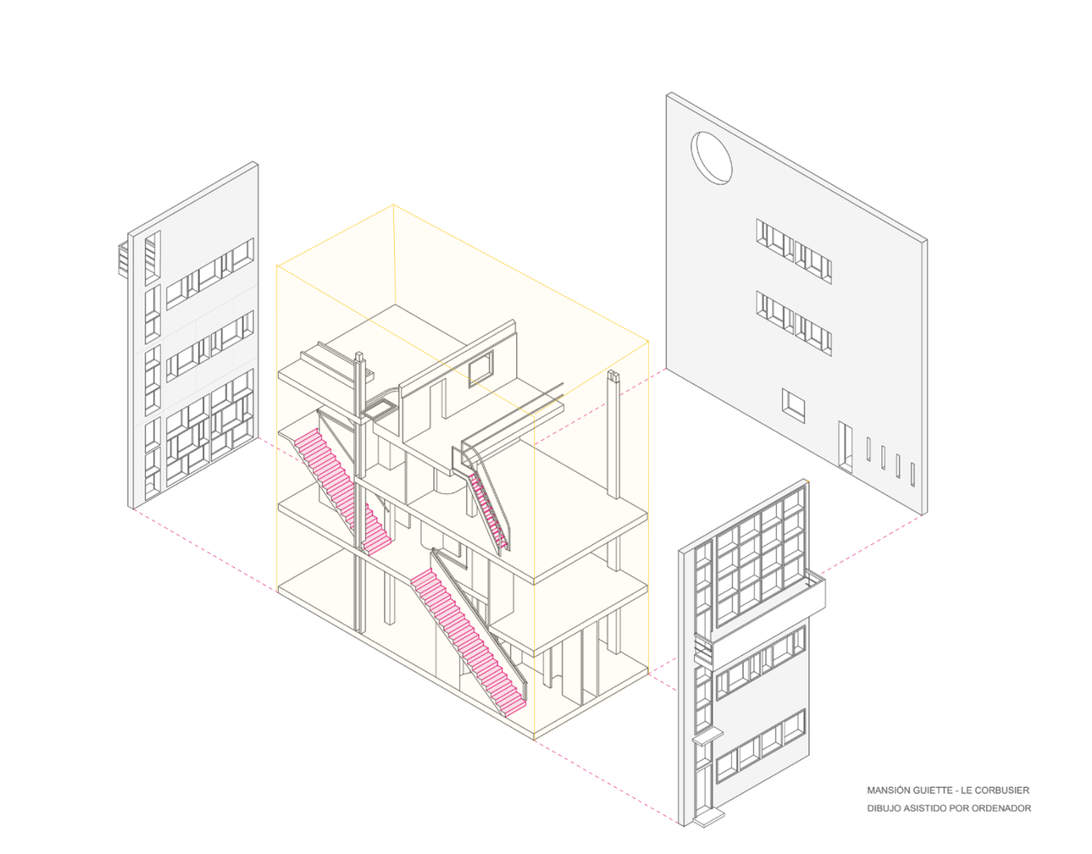 El mismo dibujo con el volumen de la casa marcado en amarillo: una caja de líneas amarillas finas que rodea los forjados, los pilares y las escaleras, en el centro, entre las fachadas.