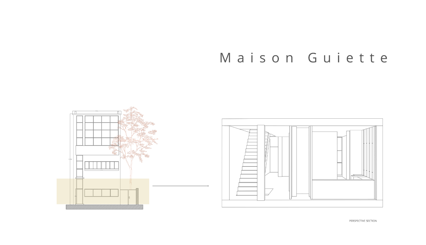 Lámina titulada «Maison Guiette». A la izquierda, el alzado de la casa con un árbol delante y una banda beige que marca la altura del corte; una flecha lleva de ella a la derecha, a la sección en perspectiva, con la escalera, los pilares y las estancias a la vista. Debajo, el rótulo «Perspective section».