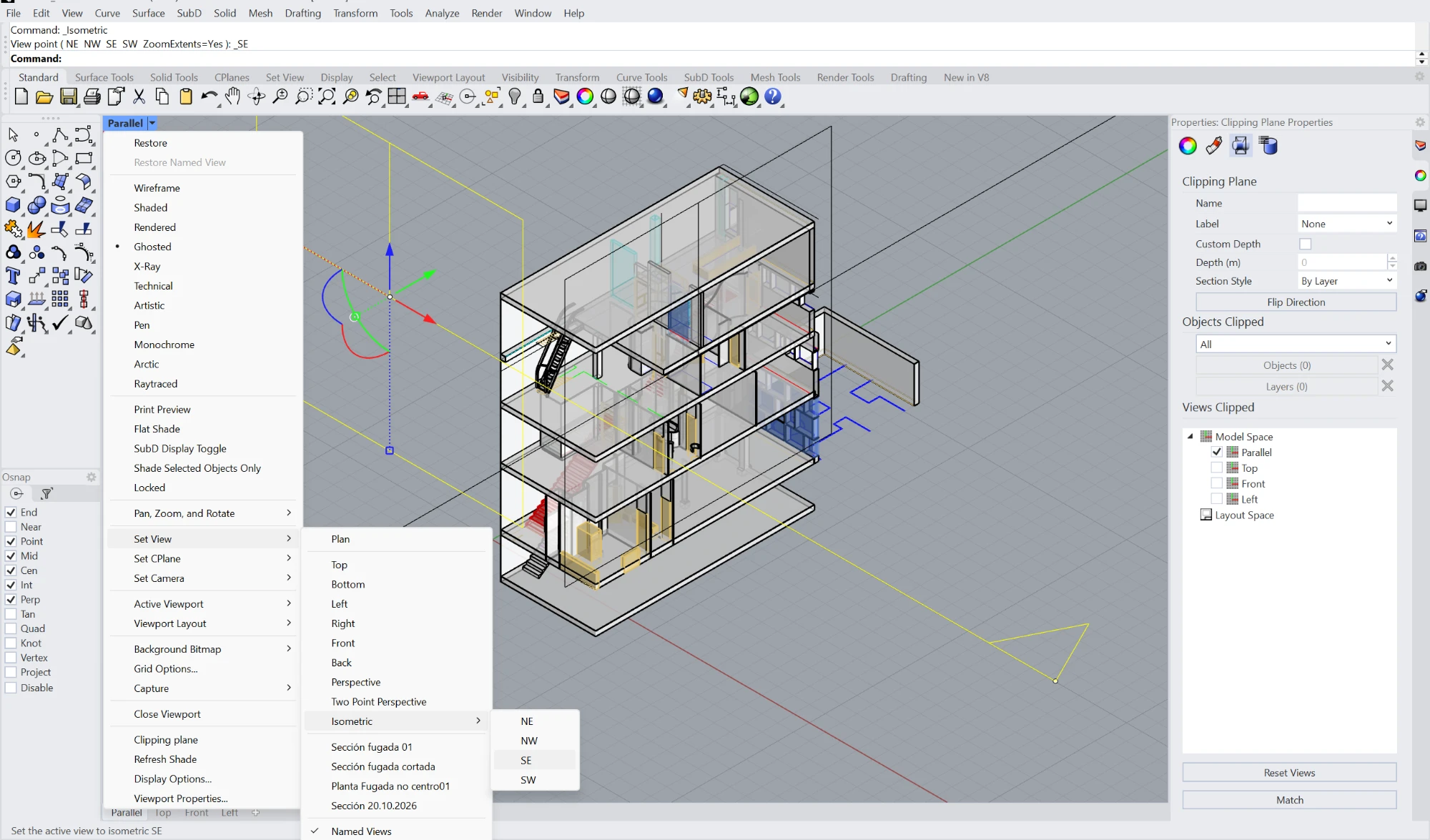 La casa en vista isométrica, cortada por el plano, y el menú de la vista desplegado: Set View, con el submenú Isometric y sus cuatro opciones NE, NW, SE y SW, la SE seleccionada. A la derecha, el panel Properties: Clipping Plane Properties con la lista Views Clipped, donde la vista Parallel está marcada. Abajo, «Set the active view to isometric SE».