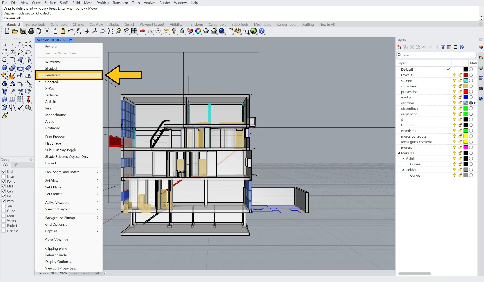 La casa cortada y el menú de la vista desplegado, con los modos de visualización: Wireframe, Shaded, Rendered, Ghosted —el activo—, X-Ray, Technical, Artistic y otros. La opción Rendered está resaltada en amarillo, con una flecha amarilla que apunta a ella.