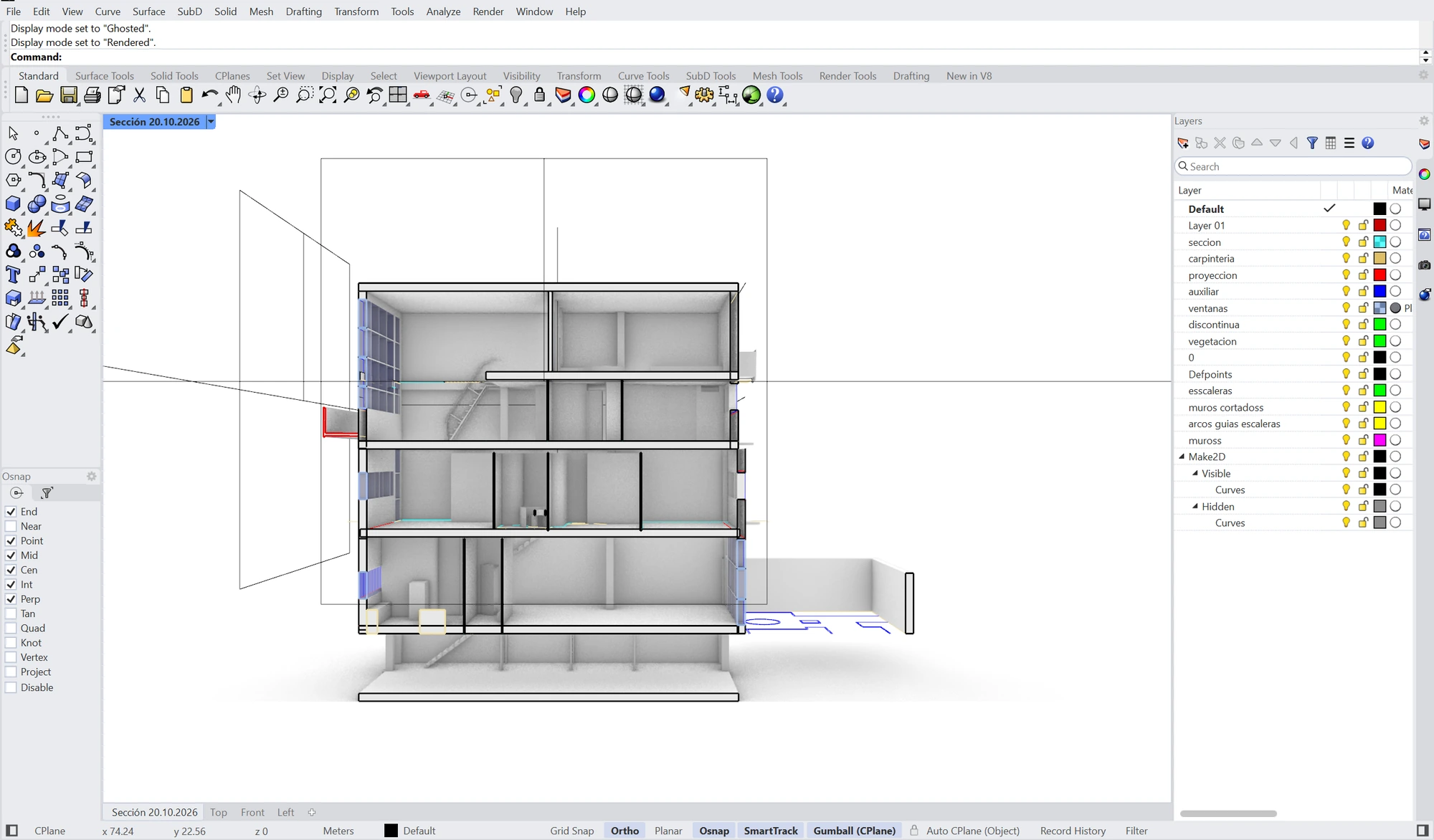 La misma casa cortada, ahora en vista Rendered: todo se ve en blanco y gris claro, con sombras suaves, porque todavía no hay materiales asignados. En la línea de órdenes, «Display mode set to Rendered».