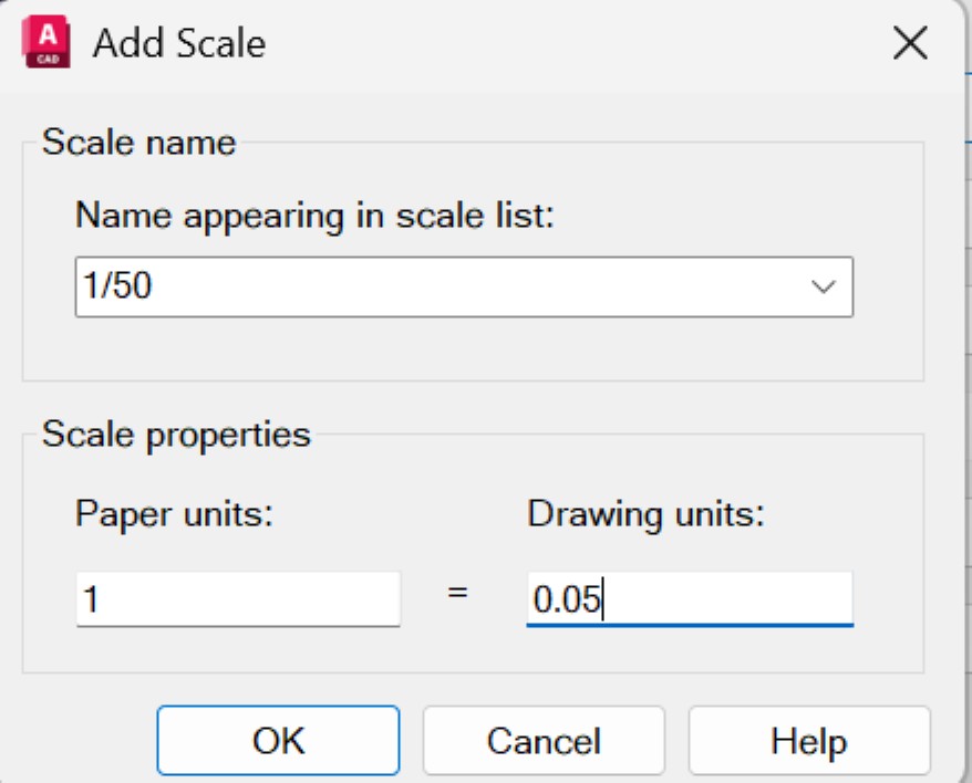El cuadro Add Scale con el nombre 1/50 y, debajo, 1 unidad de
                  papel igual a 0,05 unidades de dibujo.
