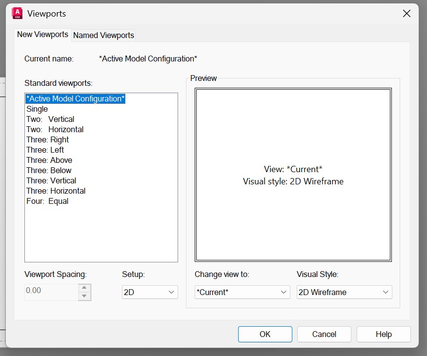 El cuadro de ventanas gráficas de AutoCAD: la lista de configuraciones
                —una sola, dos, tres o cuatro— con su previsualización al lado.