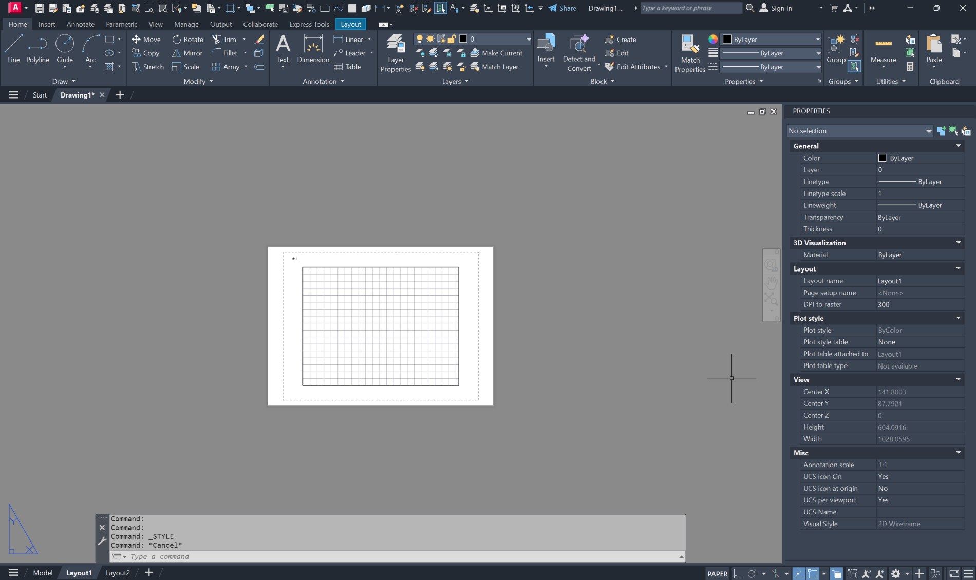 La pestaña de presentación de AutoCAD: sobre el fondo oscuro, la hoja
                blanca con la línea de trazos de lo imprimible y dentro una ventana
                por la que se ve el modelo.