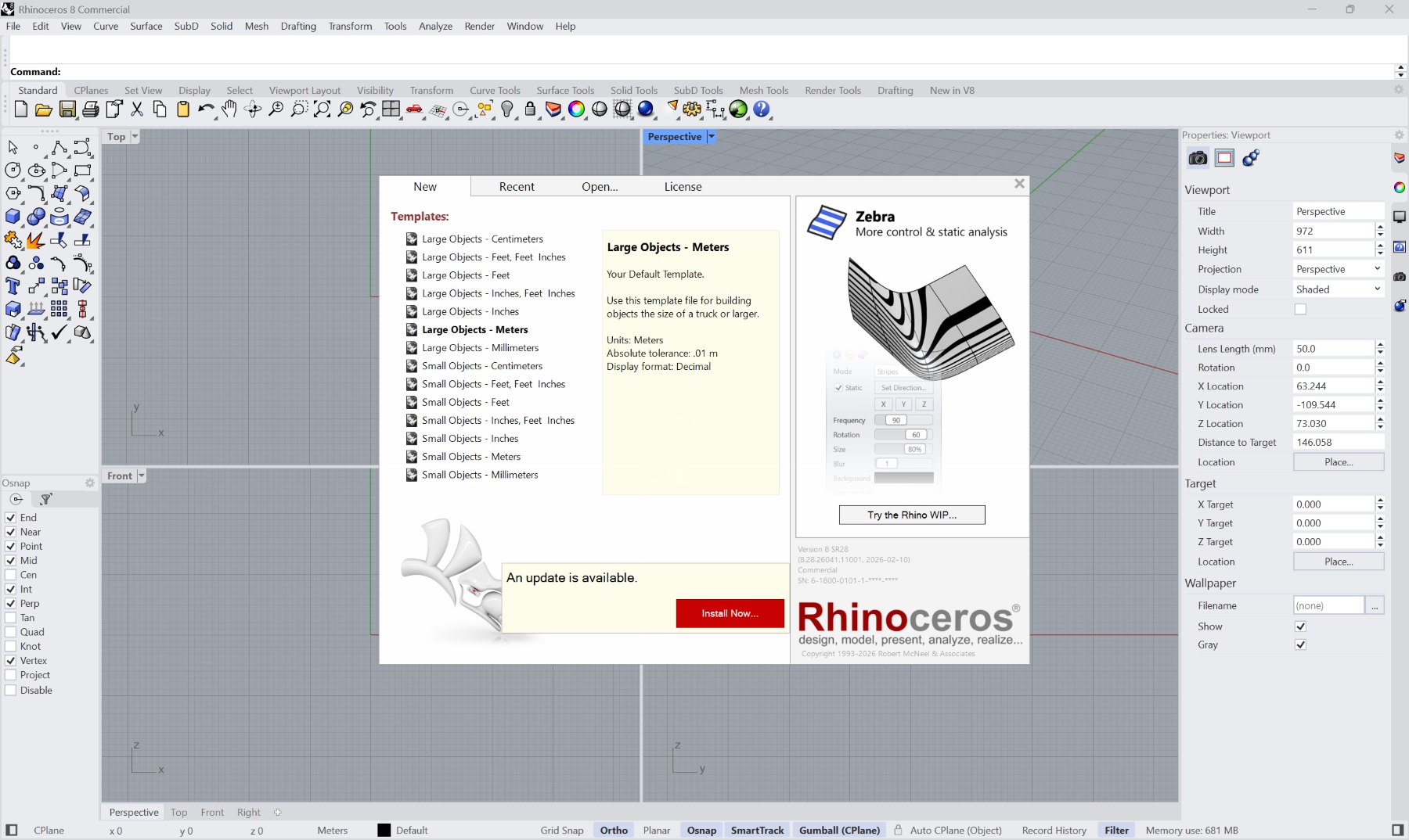 La pantalla de arranque de Rhinoceros 8: detrás, las cuatro vistas
                —Top, Perspective, Front y Right— y delante el cuadro de plantillas,
                con «Large Objects · Meters» elegida y su descripción: unidades en
                metros y tolerancia 0,01 m. Abajo, en la barra de estado, pone
                Meters.
