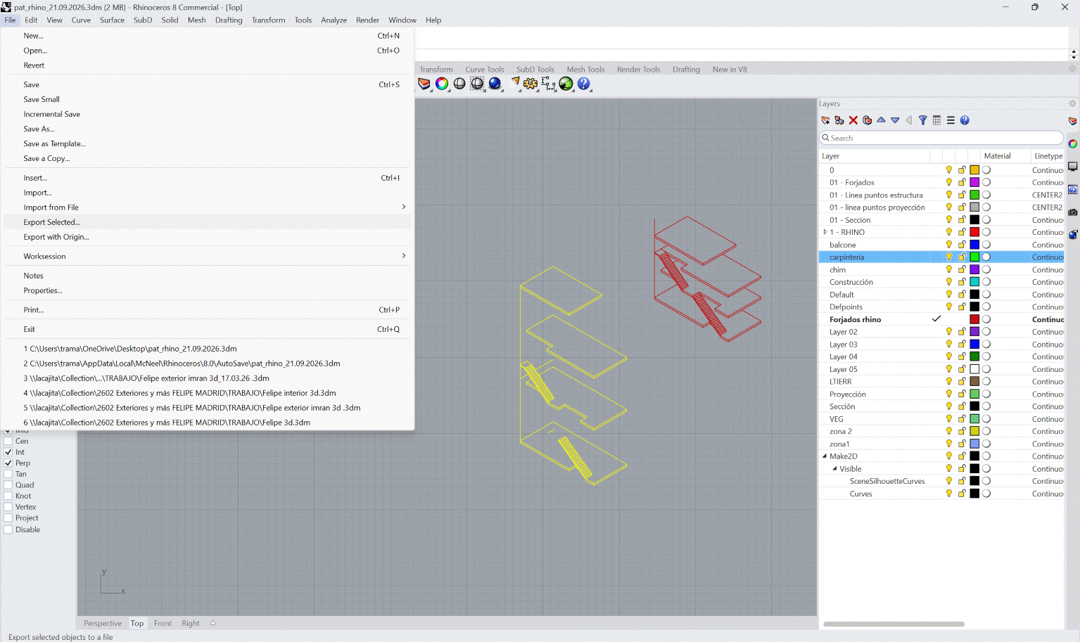 La ventana de Rhino con el menú File desplegado: New, Open,
                Revert; Save, Save Small, Incremental Save, Save As, Save as
                Template, Save a Copy; Insert, Import, Import from File; y,
                resaltado, Export Selected, seguido de Export with Origin;
                después Worksession, Notes, Properties, Print y Exit. A la
                derecha, en la vista en planta, el dibujo del Make2D en amarillo
                porque está seleccionado y, al lado, la casa en rojo; más allá,
                el panel de capas con la capa Make2D. Abajo del todo, la barra de
                estado dice «Export selected objects to a file».