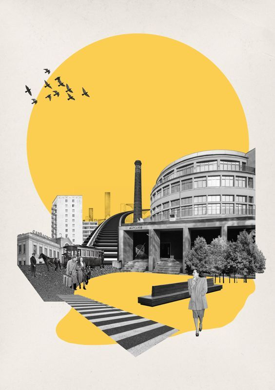 Un collage: sobre un gran círculo amarillo, fotos en blanco y
                  negro recortadas y superpuestas —un edificio curvo, una
                  chimenea, una escalera, un tranvía, gente andando, árboles, una
                  bandada de pájaros— y un paso de cebra que sale del papel.