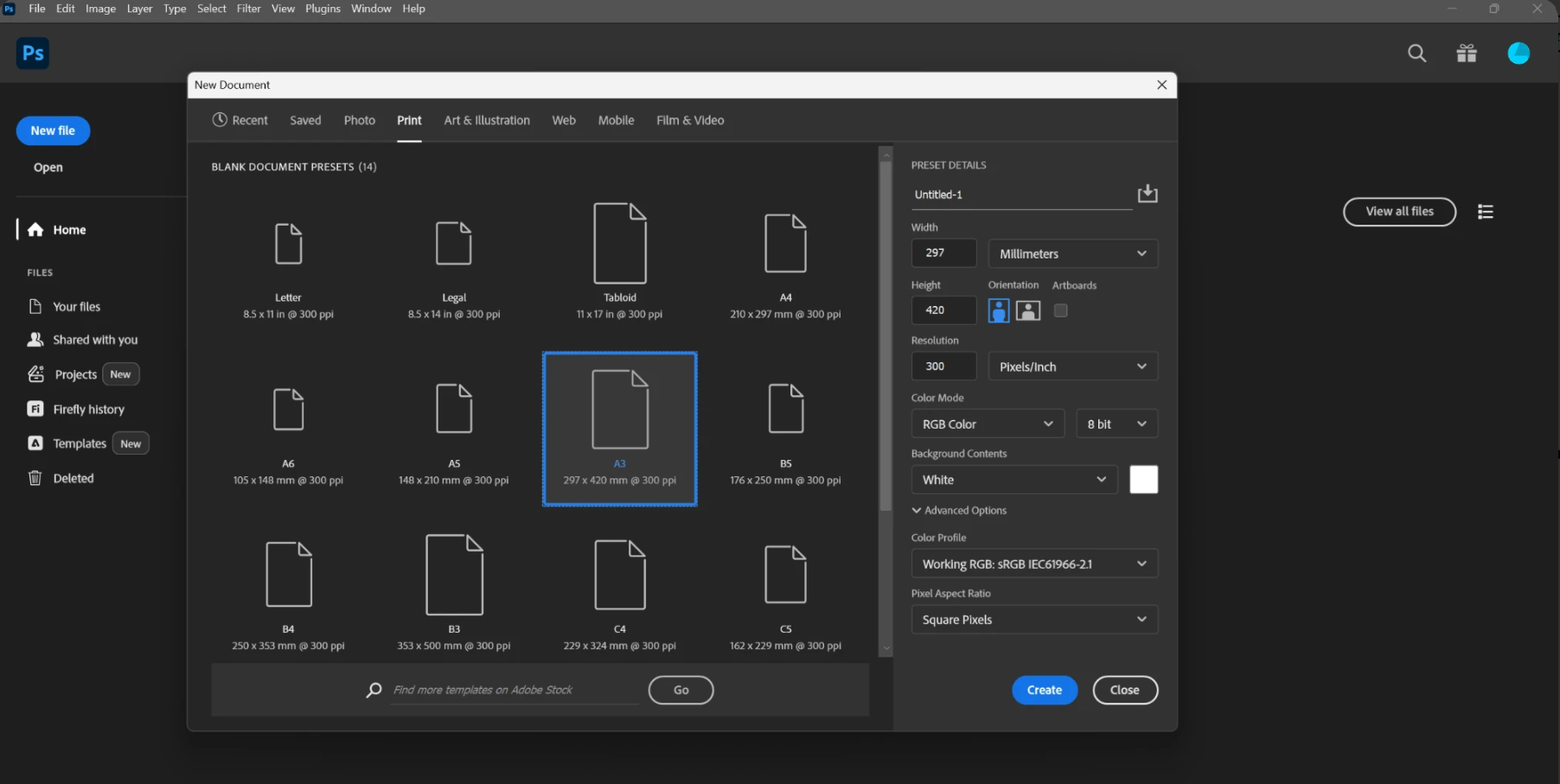 El cuadro Nuevo documento de Photoshop, en la pestaña Imprimir:
                los tamaños de papel en cuadrícula, con A3 elegido (297 por 420
                mm a 300 ppi), y a la derecha los detalles: ancho 297 y alto
                420 milímetros, orientación vertical, resolución 300 píxeles
                por pulgada, color RGB a 8 bits, fondo blanco, y el botón
                Crear.
