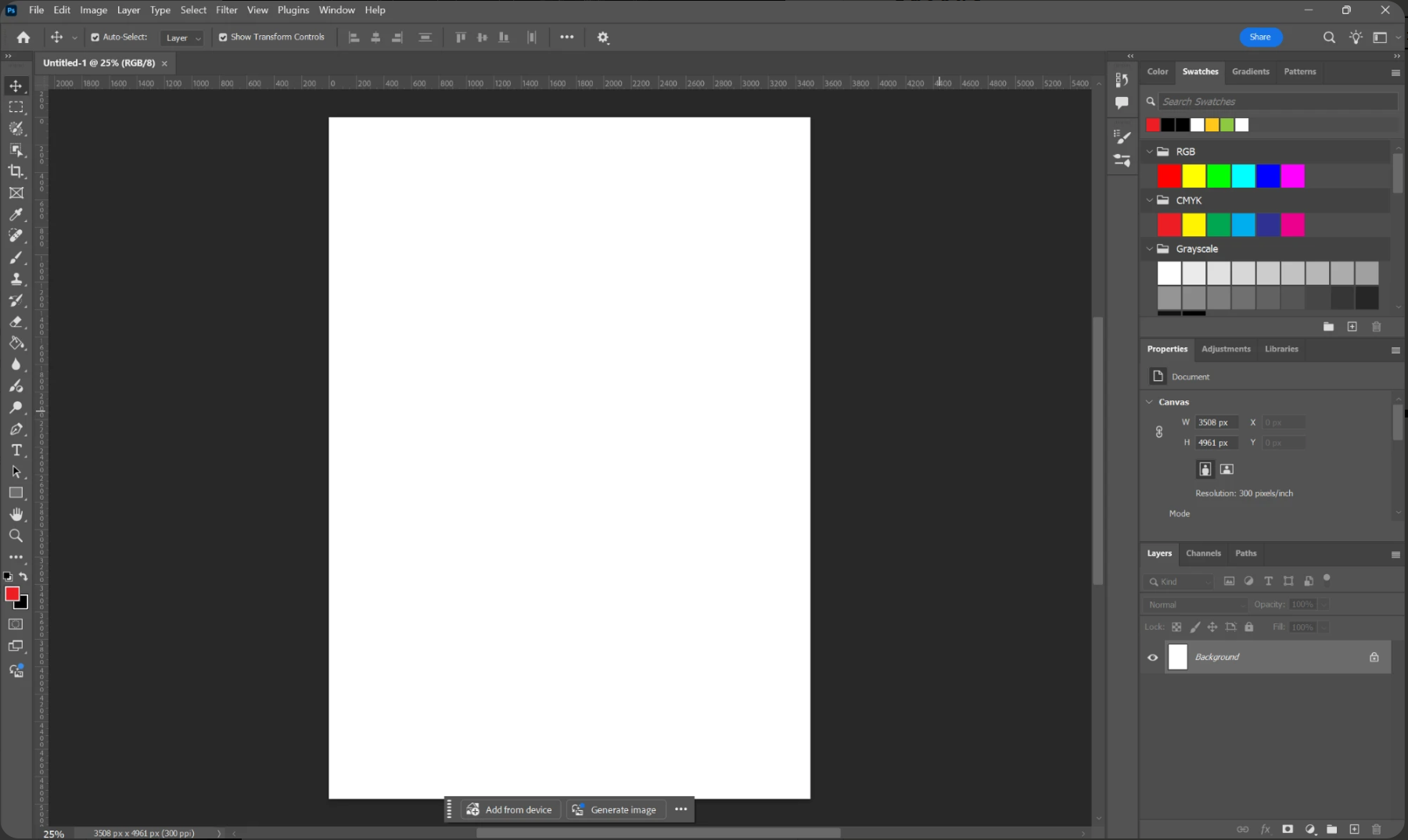 Photoshop recién abierto con un A3 en blanco: la columna de
                herramientas a la izquierda, la barra de opciones arriba, el
                lienzo blanco en el centro y, a la derecha, los paneles de
                Color y Muestras, Propiedades —con el lienzo de 3508 por 4961
                píxeles a 300 ppp— y Capas, con solo la capa Fondo.