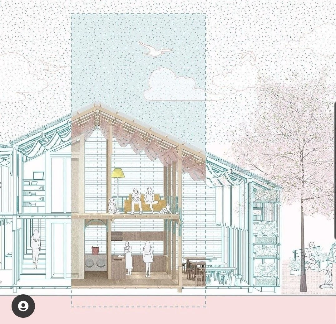 Sección fugada de una casa de dos plantas con cubierta inclinada, a línea azul y con la franja cortada en color: la cocina abajo, un sofá arriba, cortinas, una lámpara, gente, y fuera un árbol rosa y el cielo con nubes.