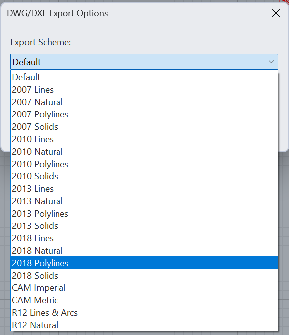 El cuadro DWG/DXF Export Options de Rhino con la lista de
                  esquemas desplegada y «2018 Polylines» resaltado.