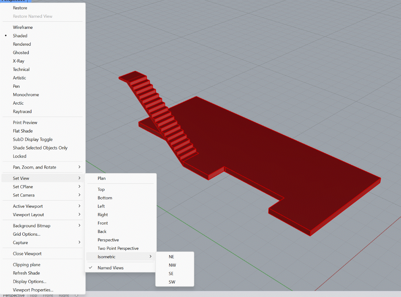 El menú del visor de Rhino desplegado: los modos de ver arriba y,
                en Set View, las vistas, con Isometric abierto en NE, NW, SE y SW.
                Al fondo, el forjado y la escalera en rojo.
