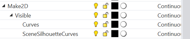 Cuatro filas del panel de capas de Rhino: Make2D, y dentro
                  Visible, Curves y SceneSilhouetteCurves.