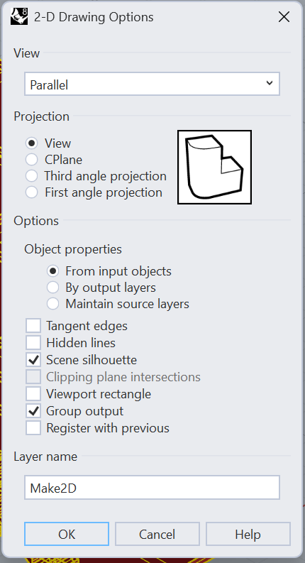 El cuadro «2-D Drawing Options» de Rhino: View con Parallel,
                Projection con View marcado, en Options «Hidden lines» sin marcar
                y «Scene silhouette» y «Group output» marcados, y abajo Layer
                name con «Make2D».