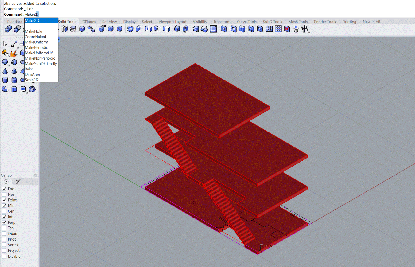 La Casa Guiette en isométrica dentro de Rhino: los cuatro
                forjados rojos con los tramos de escalera entre ellos. Arriba, la
                línea de órdenes dice «283 curves added to selection» y «Command:
                Make2D».