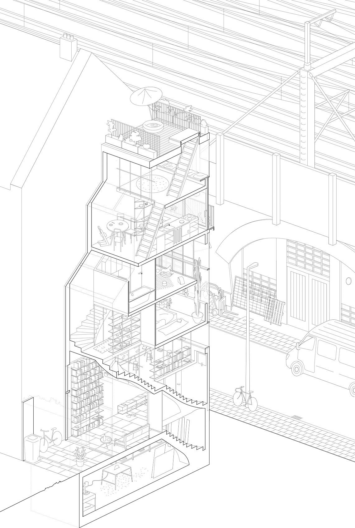 Isométrica de una casa estrecha entre medianeras, cortada para
                  ver dentro: cinco plantas apiladas con la escalera subiendo, la
                  terraza arriba y la calle delante.
